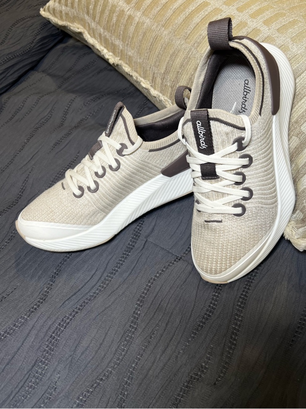 allbirds Tree Glider Women's Beige Knit Lace-Up Walking Sneakers with Brown Heel - Picture 2 of 10